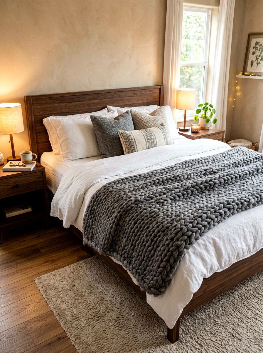 Chunky knit blanket - 30 tactile bedroom decor ideas