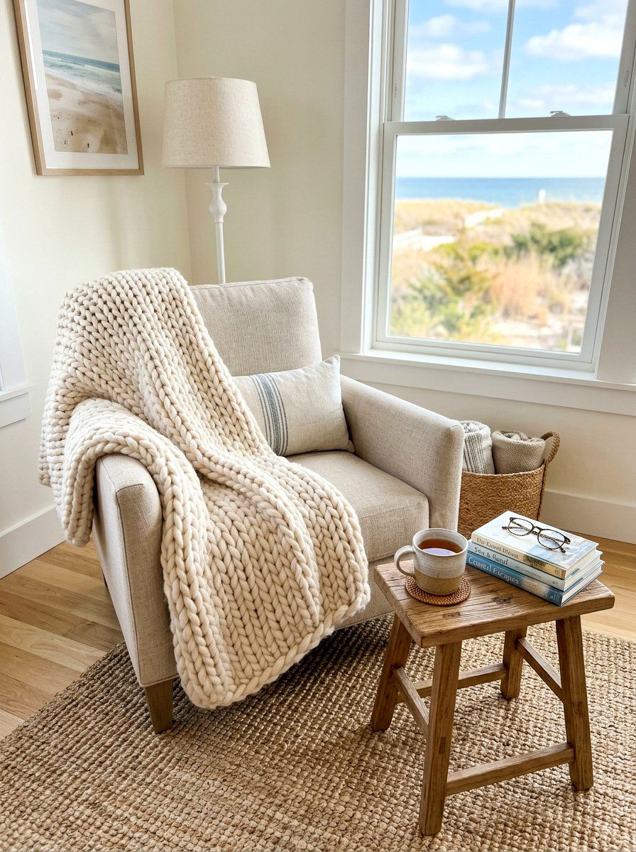 Chunky knit cozy corner - 30 coastal grandmother decor ideas