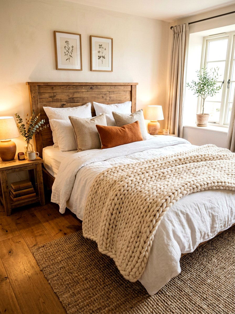 Chunky knit throw - 30 farmhouse bedroom ideas