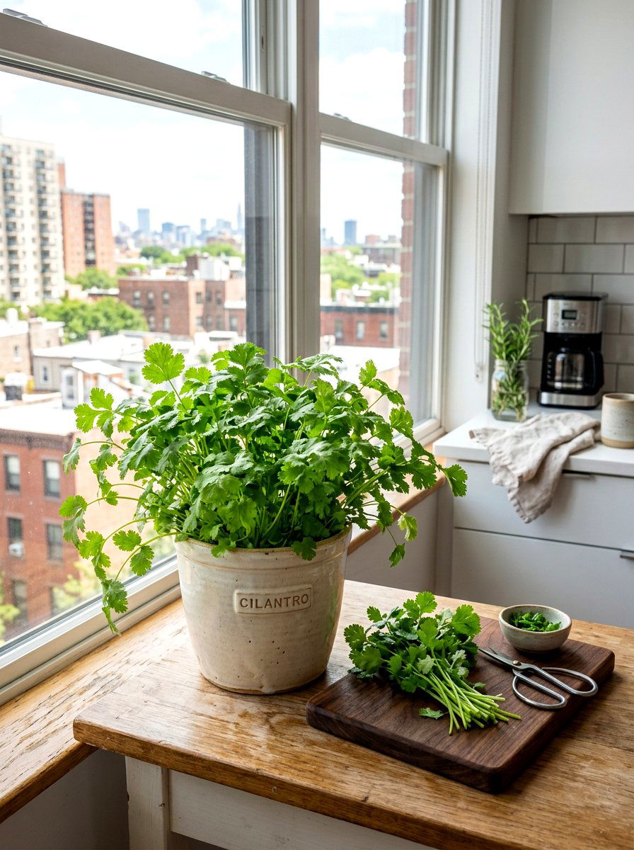Cilantro Harvest In Urban Kitchen - 30 windowsill vegetable garden ideas
