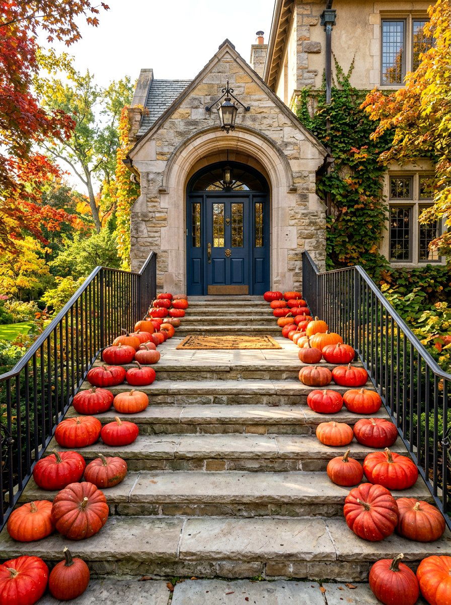 Cinderella Pumpkin Porch Steps - 30 natural autumn porch ideas