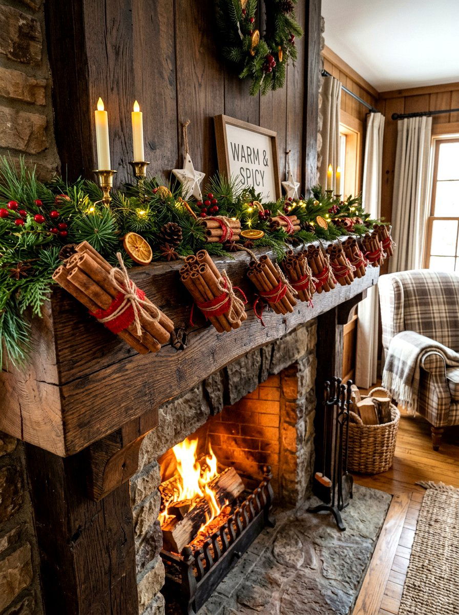 Cinnamon Stick Mantel - 30 holiday mantel garland ideas