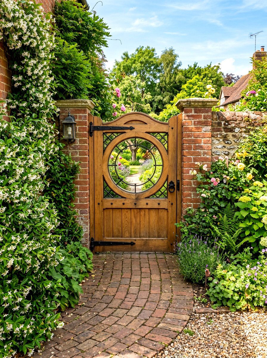 Circle cutout wood gate - 30 cottage gate curb appeal ideas
