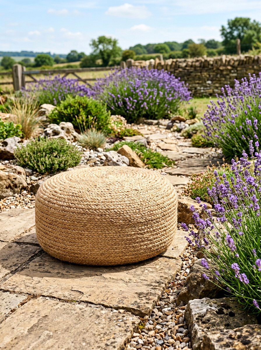 Circular Braided Hemp Pouf - 30 outdoor floor cushion ideas