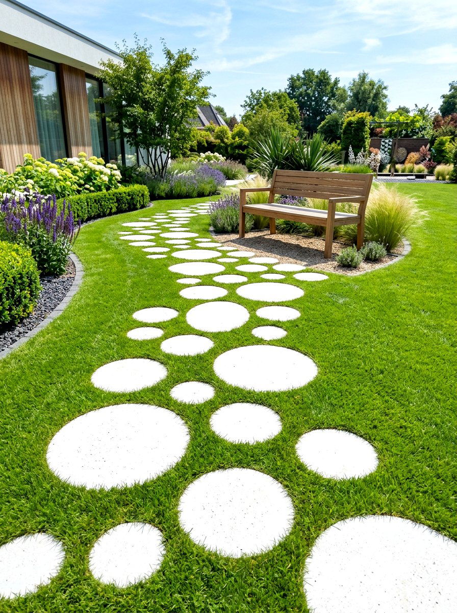 Circular Concrete Path - 30 stepping stone backyard path ideas