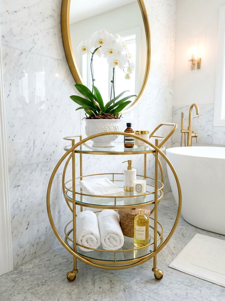 Circular Gold Bathroom Cart - 30 aesthetic bathroom cart ideas