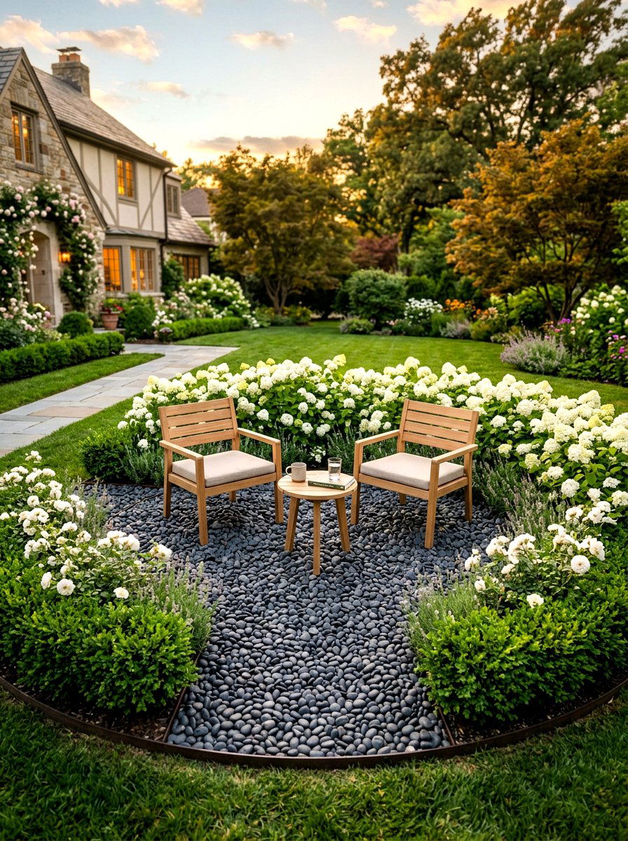 Circular Gravel Seating Area - 30 gravel front yard landscaping ideas