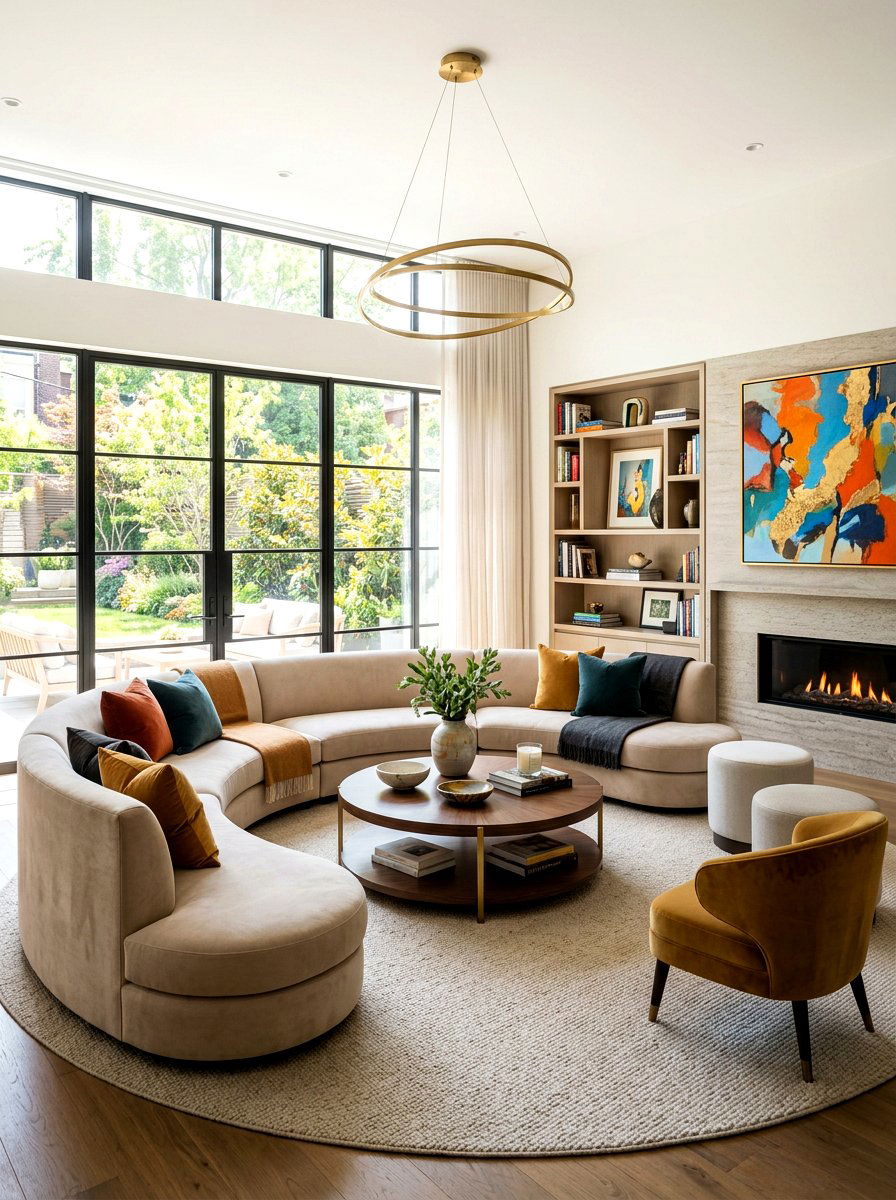 Circular Seating Arrangement - 30 tall ceiling living room ideas
