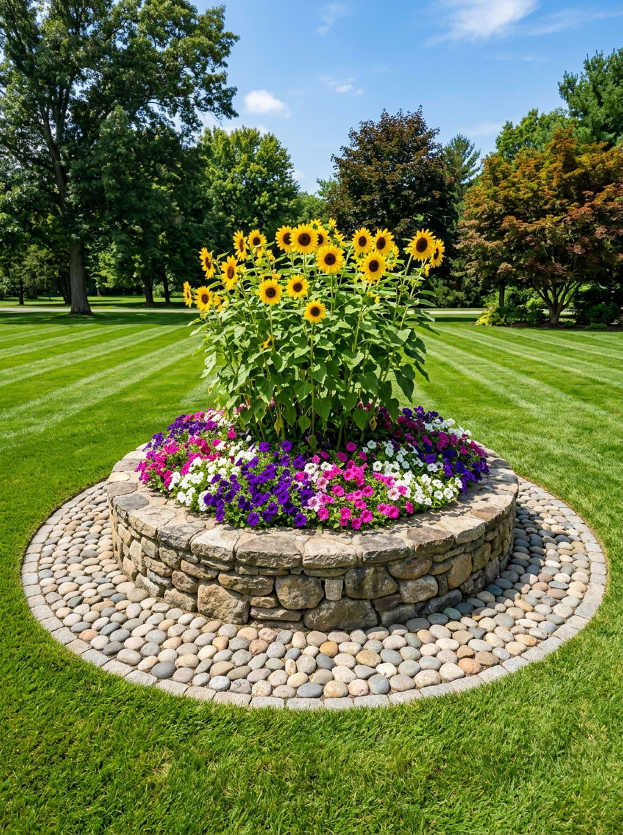 Circular Stone Feature - 30 rock flower bed ideas