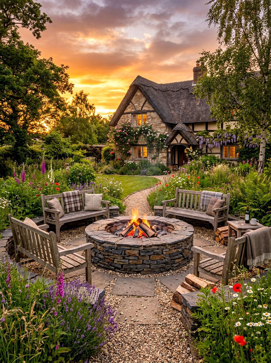 Circular Stone Fire Pit - 30 backyard conversation pit ideas
