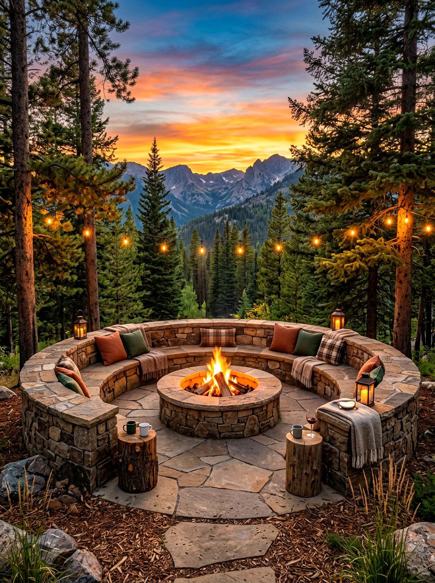 Circular Stone Fire Pit Seating - 30 stone bench garden ideas