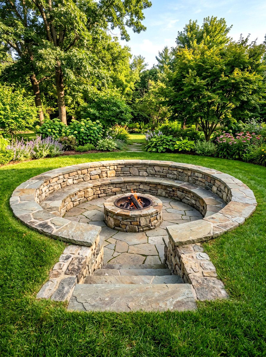 Circular Stone Sunken Pit - 30 conversation pit backyard ideas