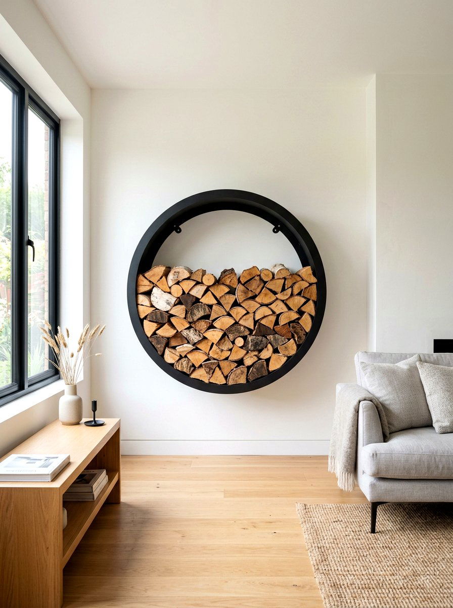 Circular Wall Mounted Holder - 30 firewood storage wall ideas