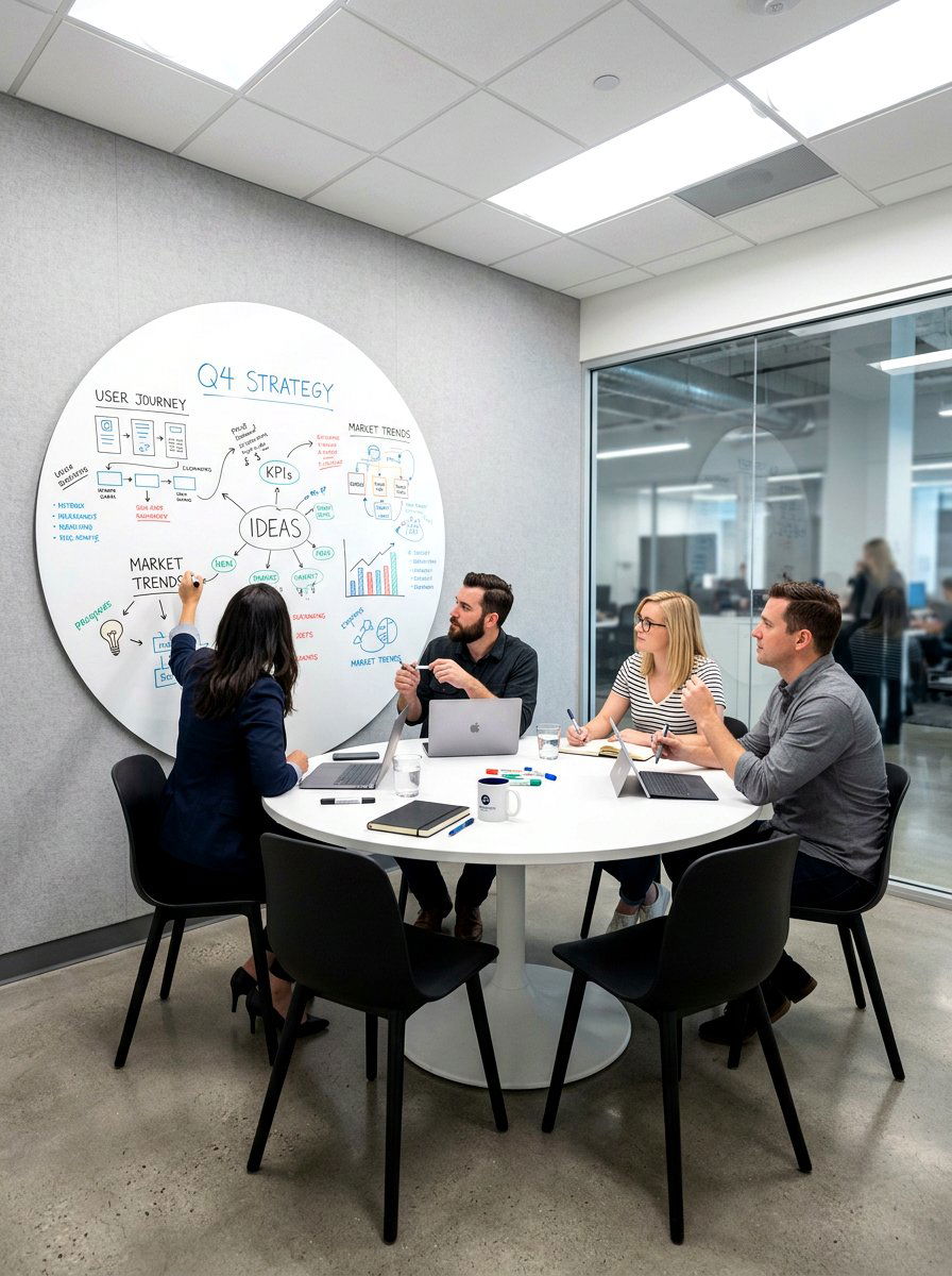 Circular Whiteboard Meeting Wall - 30 office meeting corner ideas