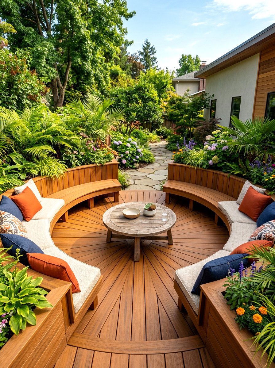 Circular Wood Deck Lounge - 30 sunken backyard seating ideas