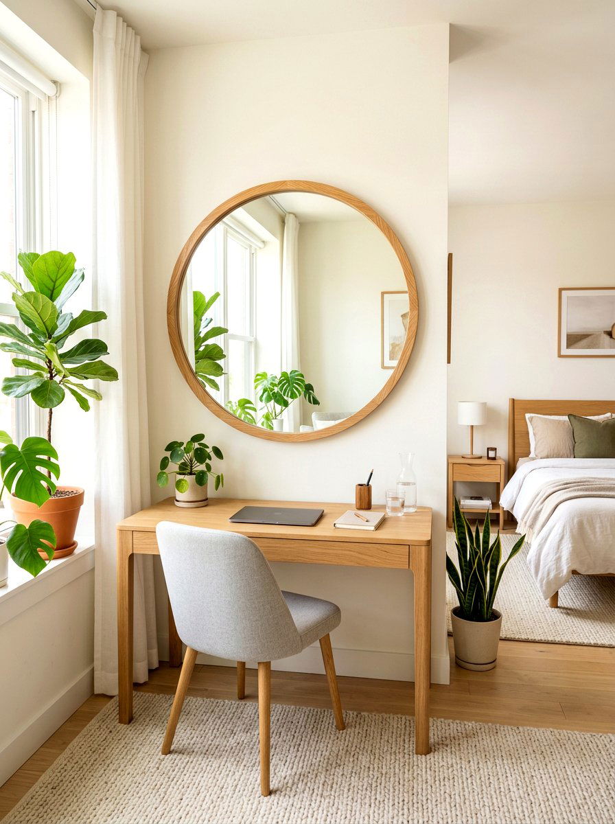Circular Wood Mirror - 30 organic modern bedroom ideas