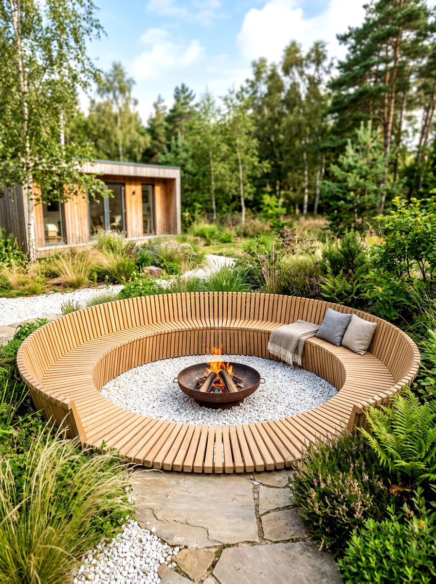 Circular Wood Slatted Bench - 30 backyard conversation pit ideas