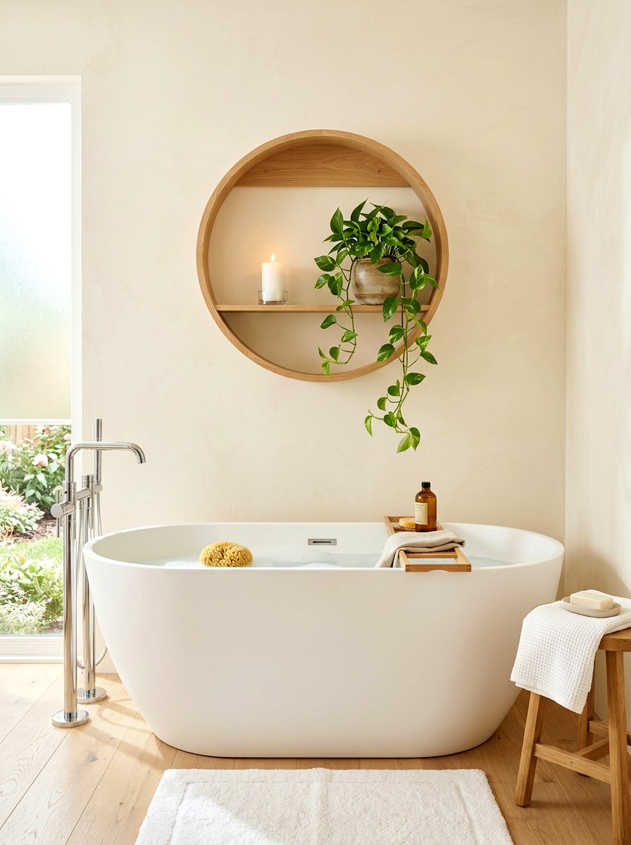 Circular Wood Wall Shelf - 30 spa shelf bathroom ideas