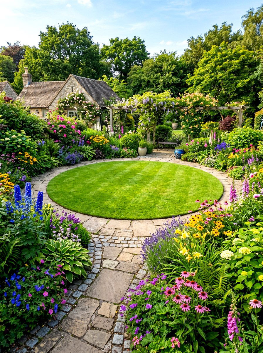 Circular backyard lawn - 30 long narrow backyard ideas