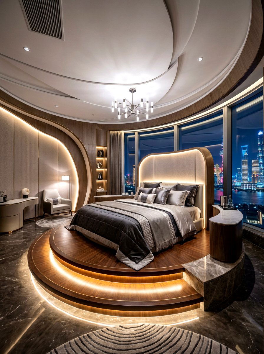 Circular bed luxury suite design - 30 futuristic glam bedroom ideas