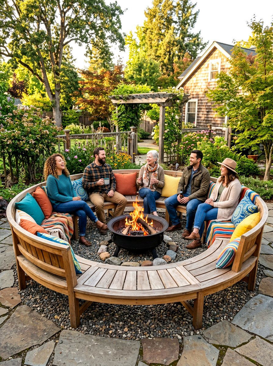 Circular fire pit bench - 30 round fire pit ideas