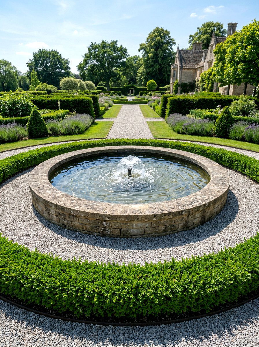 Circular geometric basin - 30 courtyard fountain garden ideas