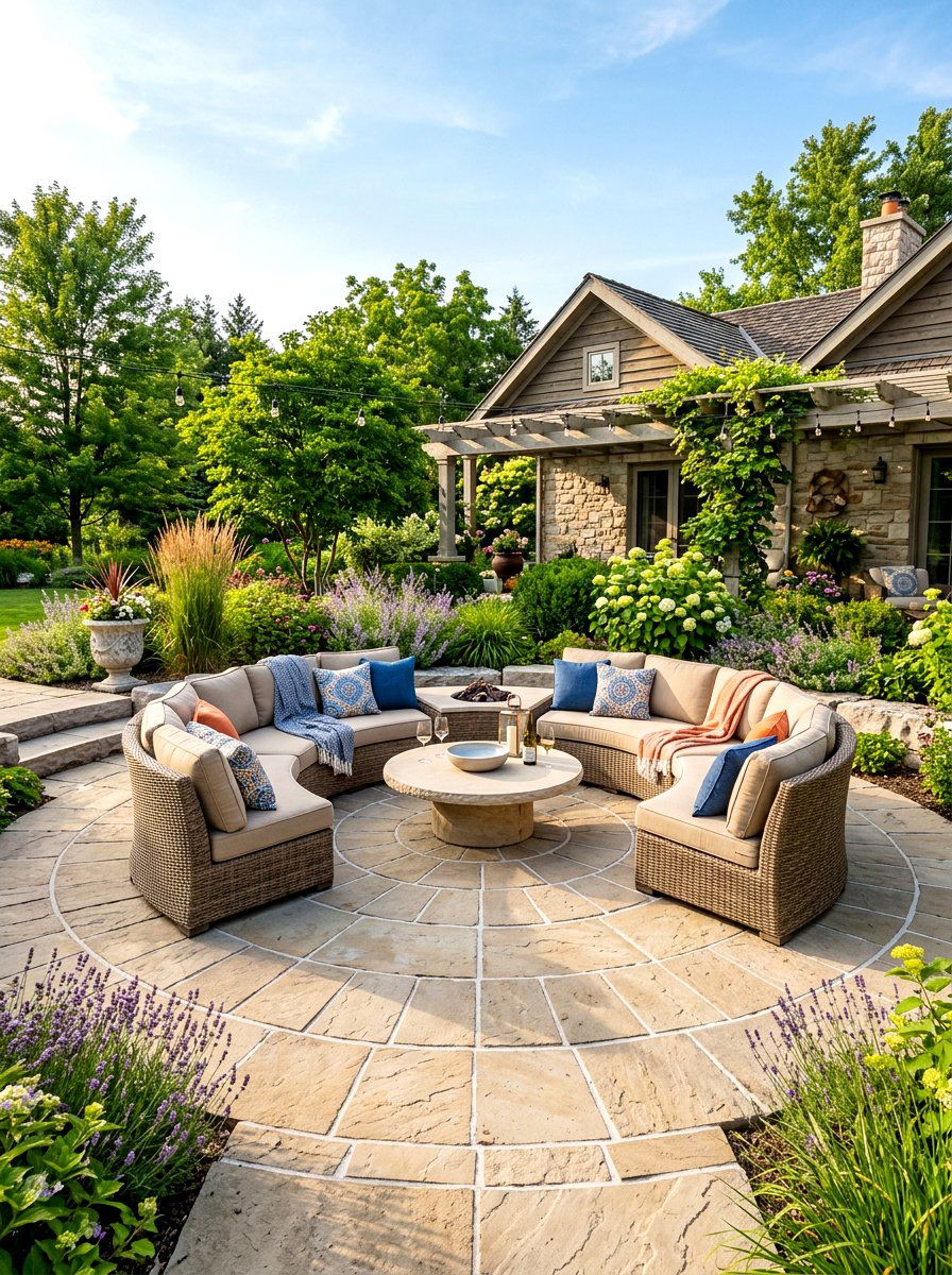 Circular limestone patio design - 30 limestone backyard patio ideas