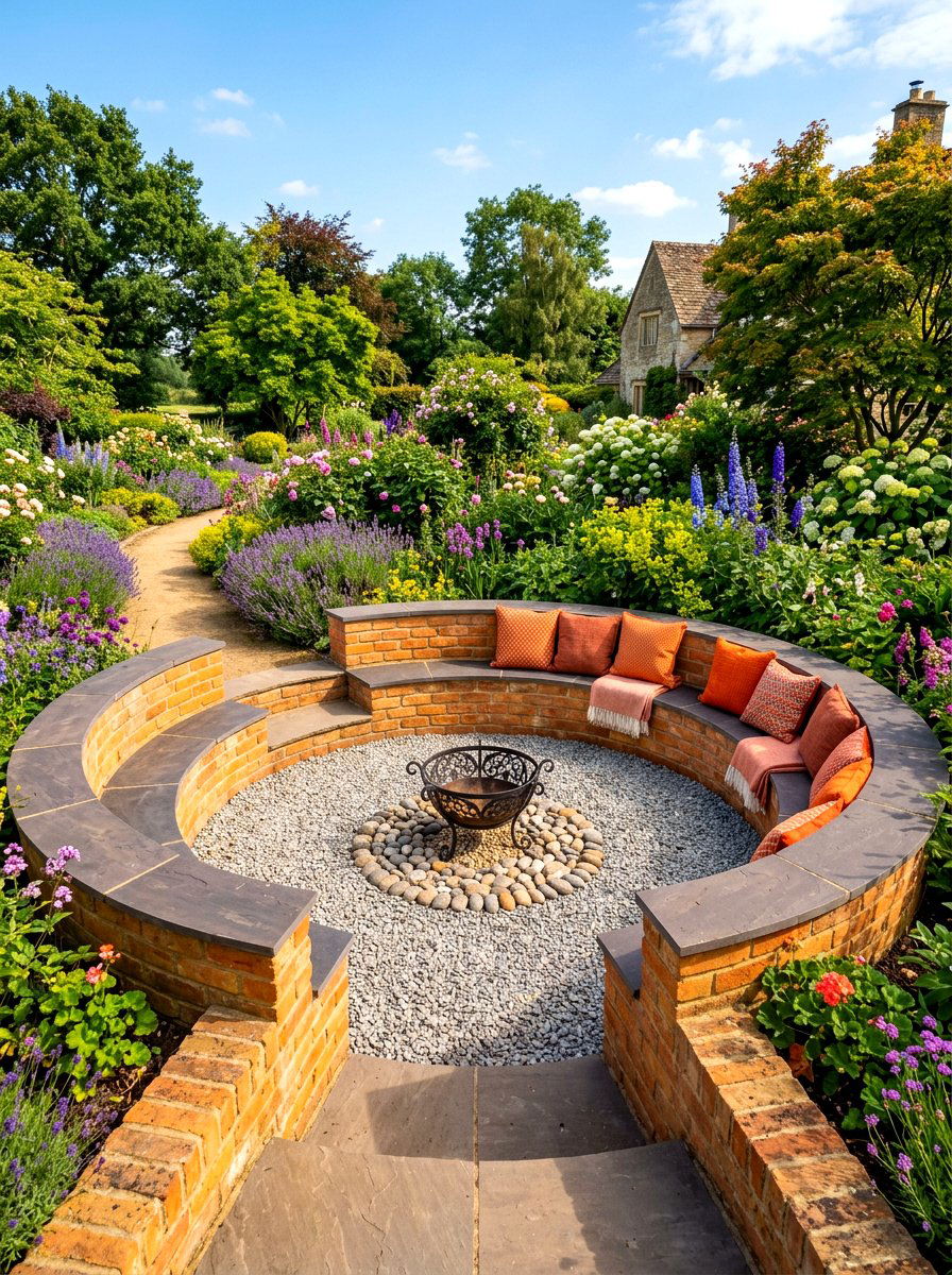 Circular masonry seat wall - 30 backyard fireplace seating ideas