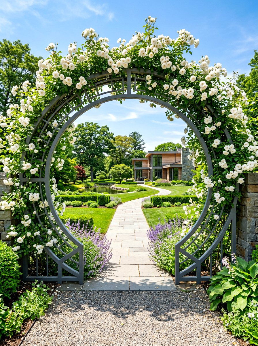 Circular moon gate trellis - 30 climbing rose trellis ideas