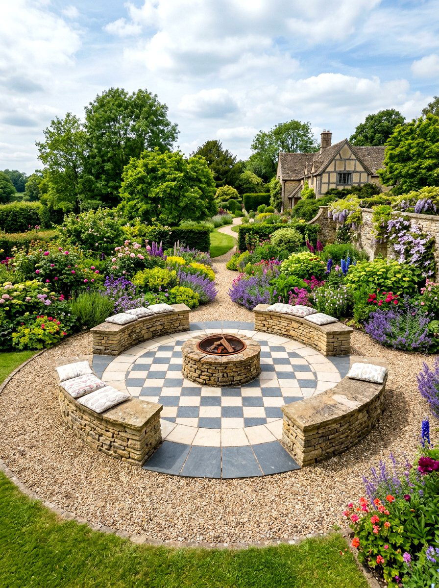 Circular patio with checkerboard center - 30 checkerboard patio paver ideas