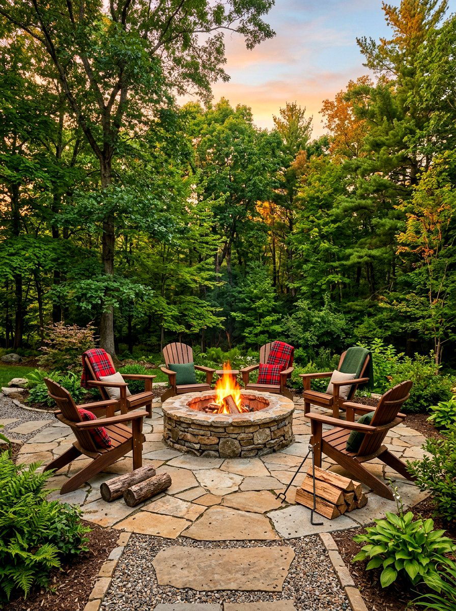 Circular stone fire pit - 30 gas fire lounge patio ideas