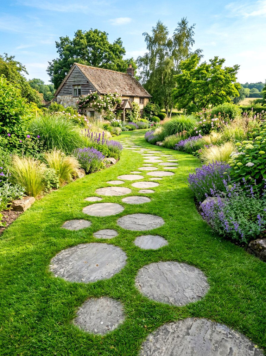 Circular stone garden path - 30 stepping stones through grass ideas