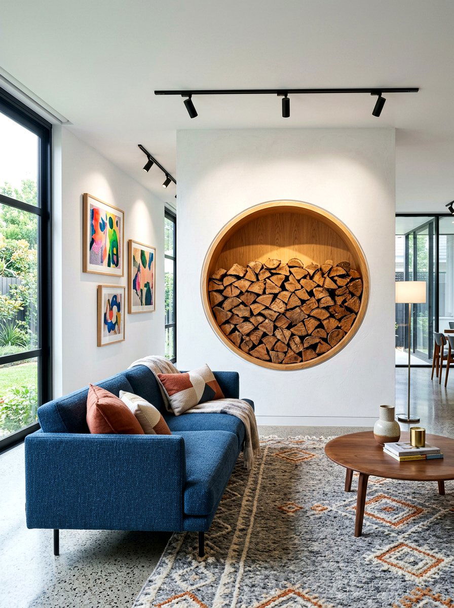 Circular wall recessed wood rack - 30 log holder ideas