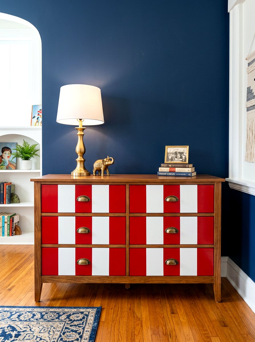 Circus stripe dresser makeover - 30 circus stripe kids room ideas