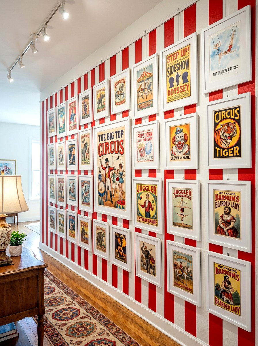 Circus stripe gallery wall - 30 circus stripe kids room ideas