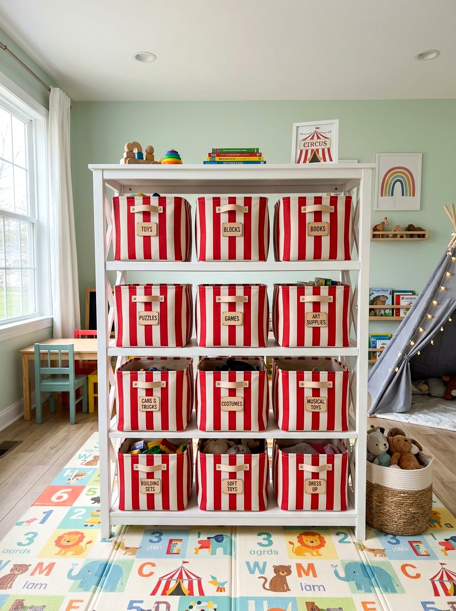 Circus stripe storage bins - 30 circus stripe kids room ideas