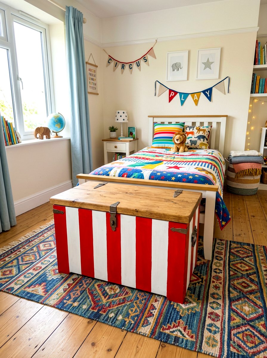 Circus stripe toy chest - 30 circus stripe kids room ideas