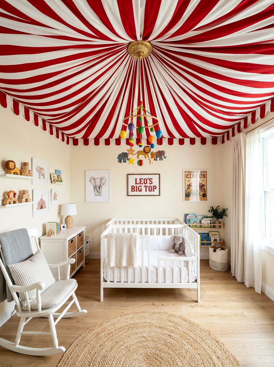Circus tent ceiling canopy - 30 circus stripe kids room ideas
