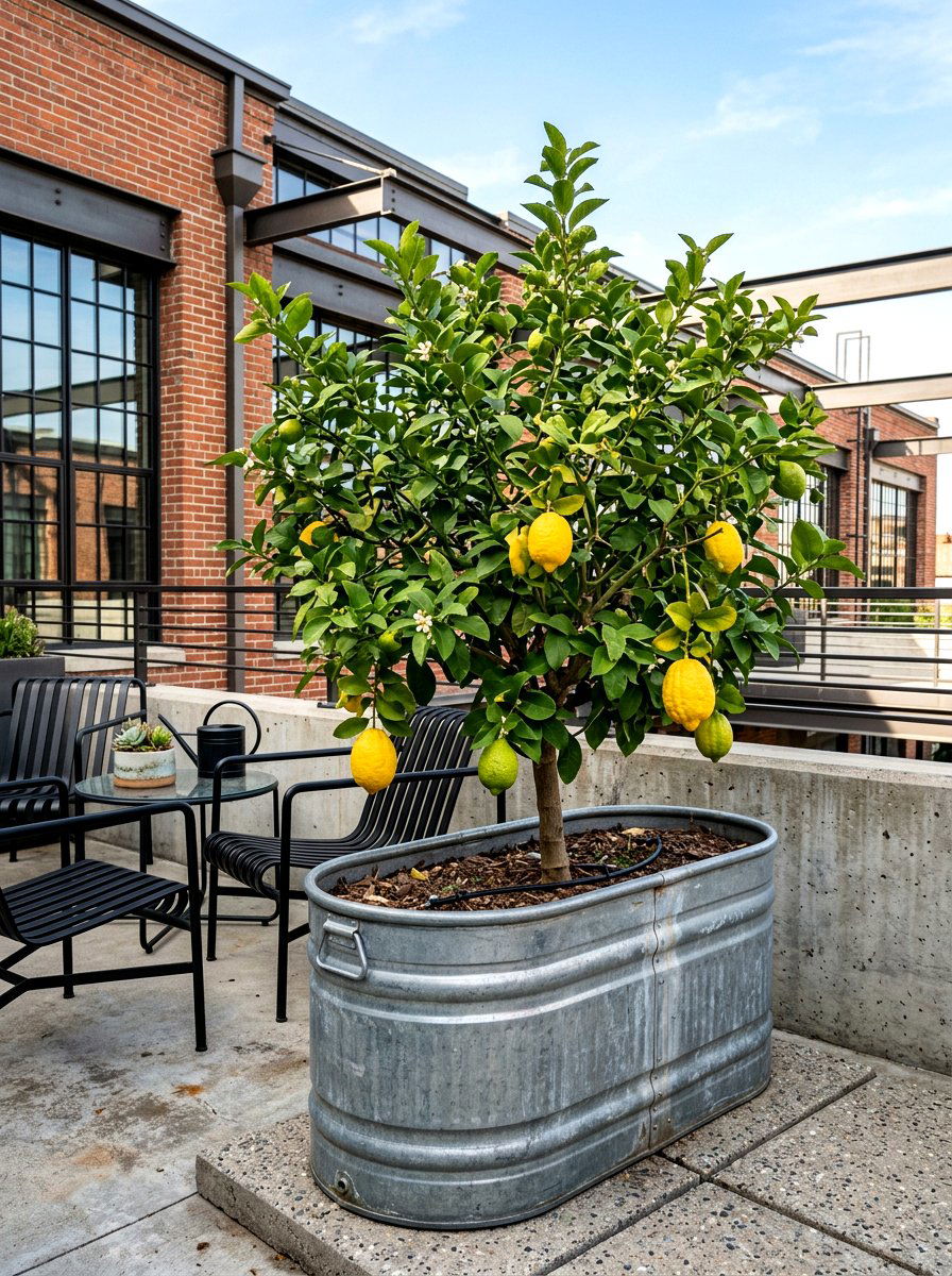 Citron Tree In Industrial Metal Planter - 30 potted citrus patio ideas