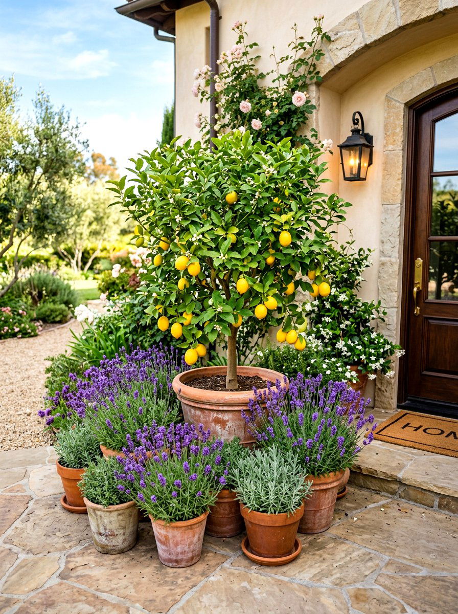 Citrus And Lavender Entry Cluster - 30 potted citrus front entry ideas