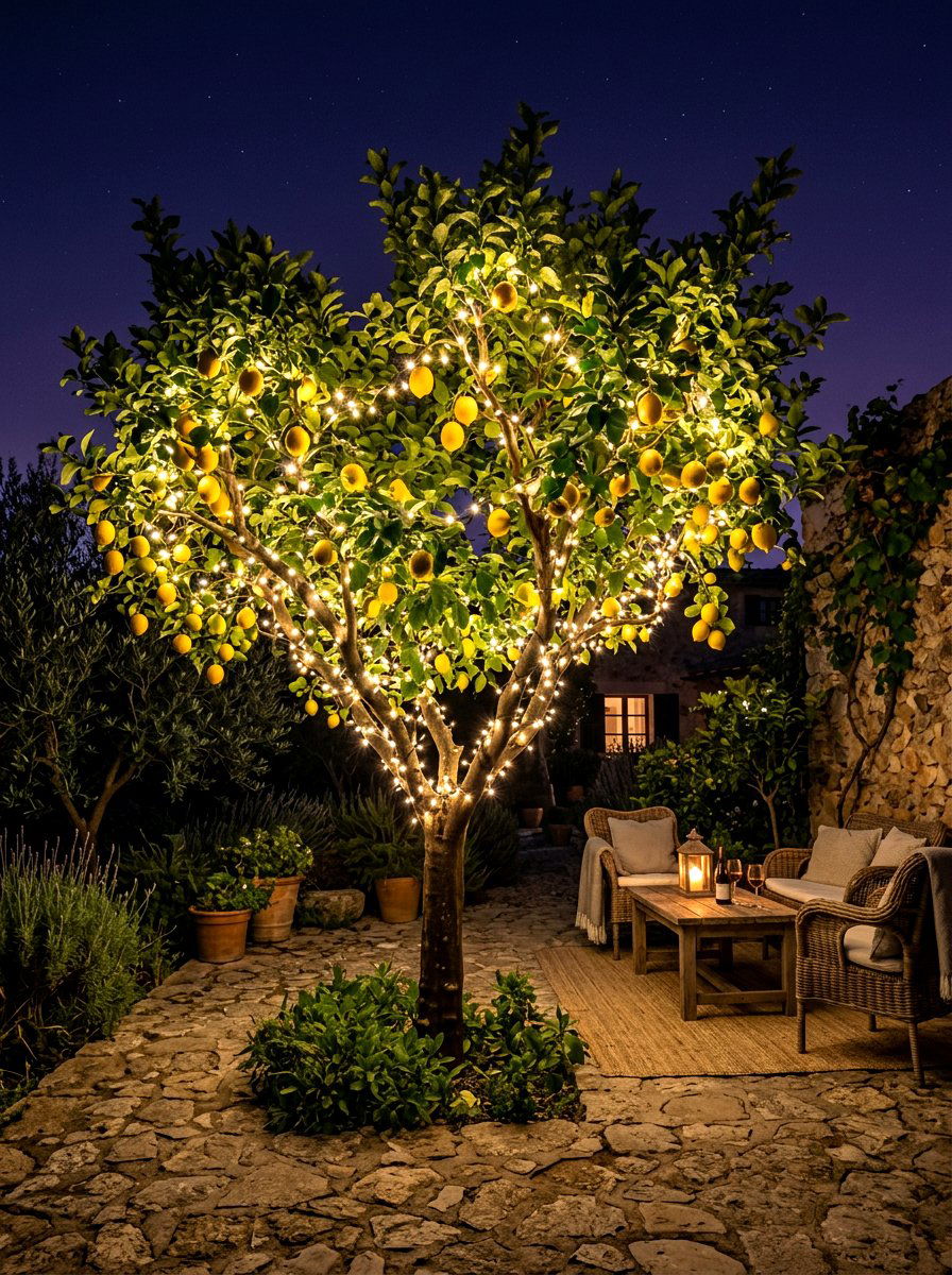 Citrus Tree Fairy Lights - 30 potted citrus backyard ideas