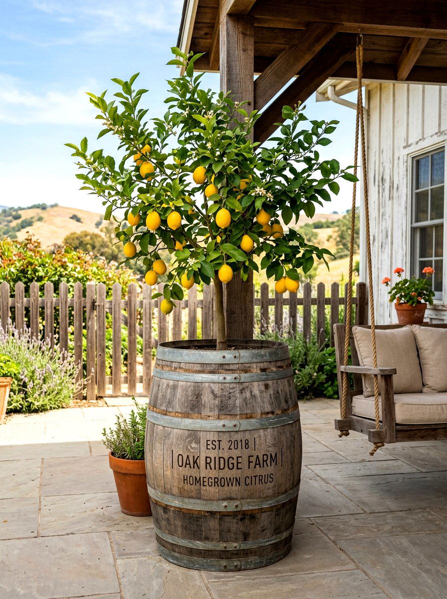 Citrus Tree In Weathered Wooden Barrel - 30 potted citrus patio ideas