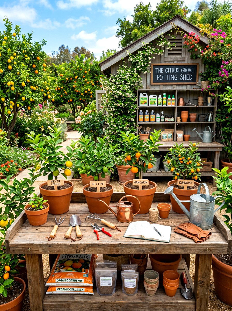 Citrus Tree Potting Station - 30 potted citrus backyard ideas
