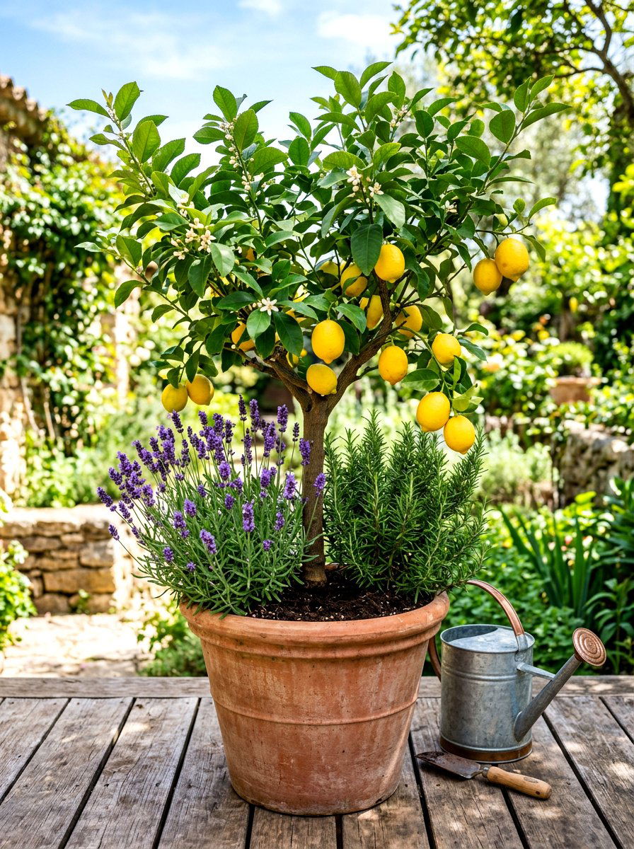 Citrus Tree With Companion Herb Planting - 30 potted citrus patio ideas