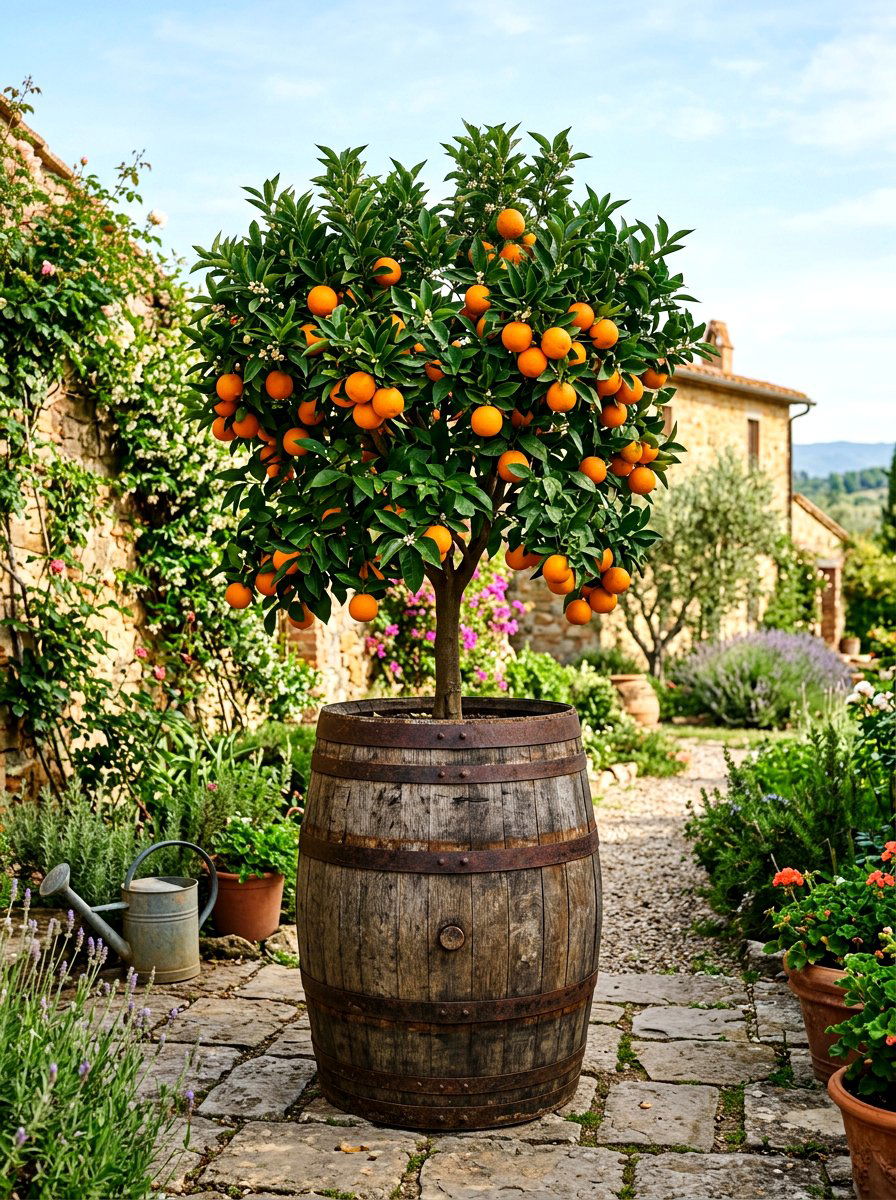 Citrus Tree Wooden Barrel - 30 potted citrus backyard ideas