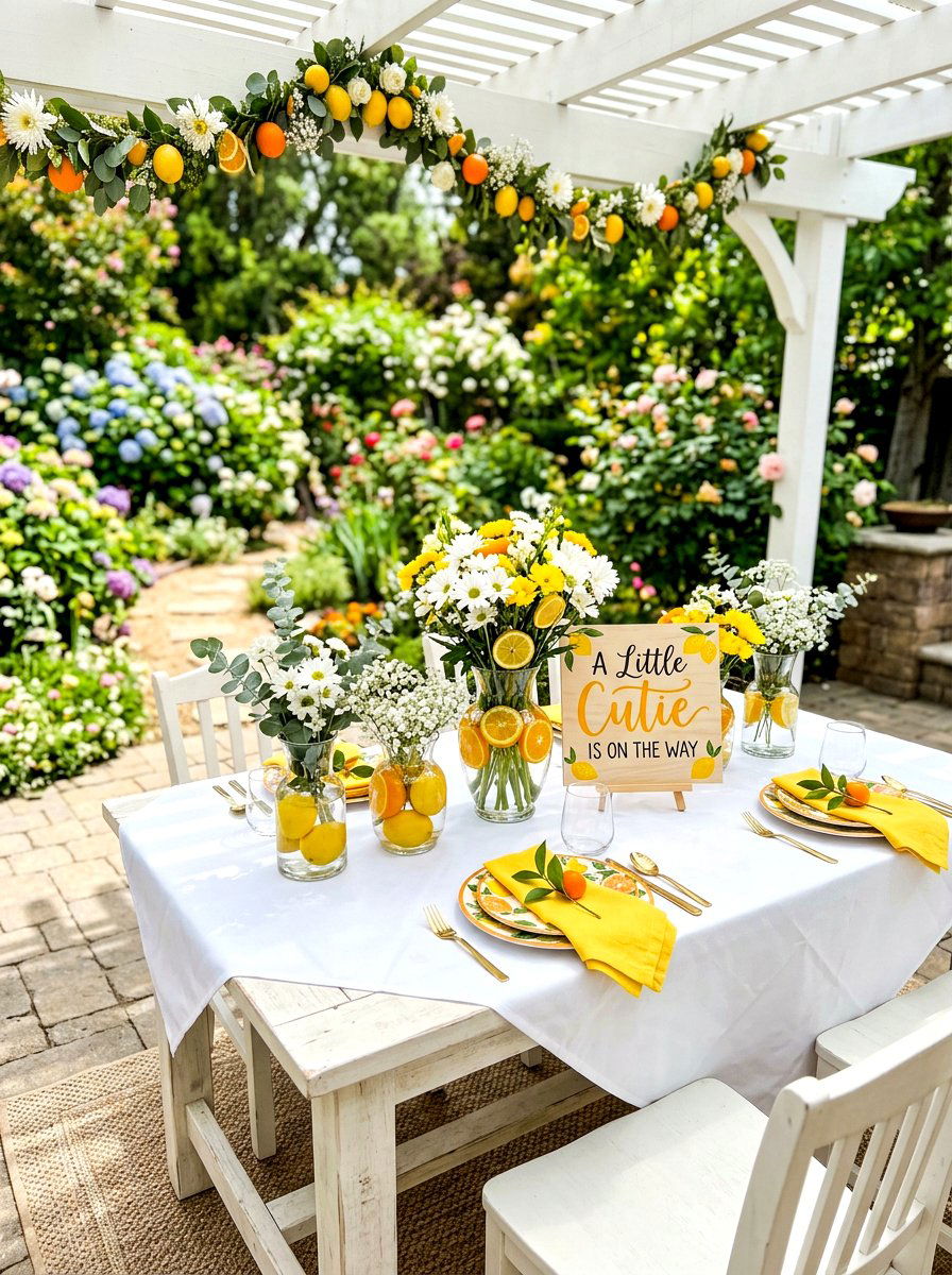 Citrus baby shower decor - 30 garden baby shower table ideas