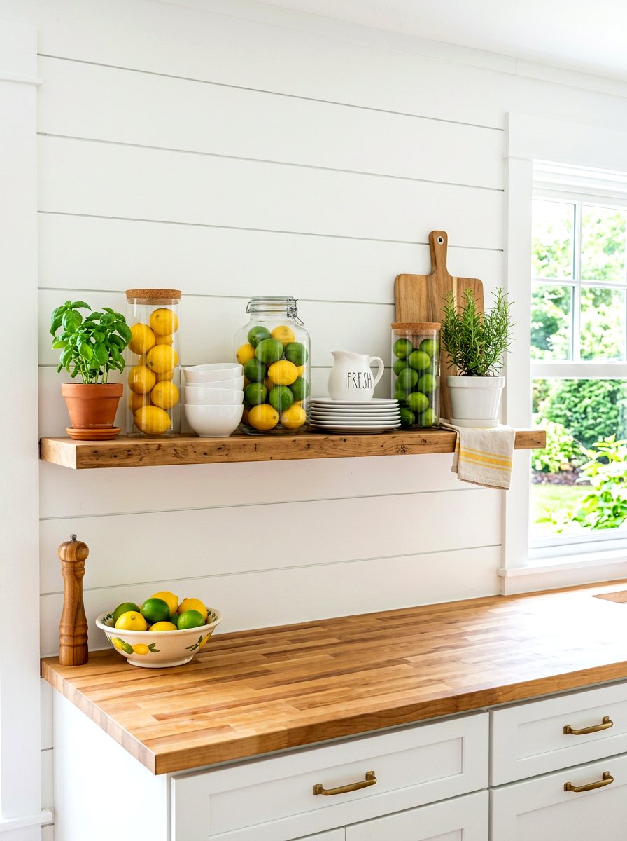 Citrus kitchen open shelf - 30 summer shelf decor ideas