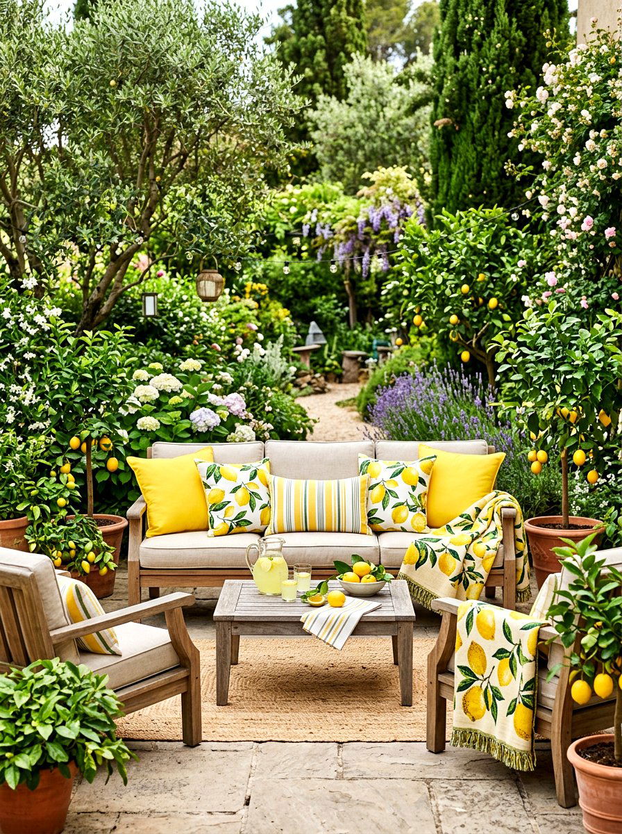 Citrus themed garden party seating - 30 lemonade patio party ideas