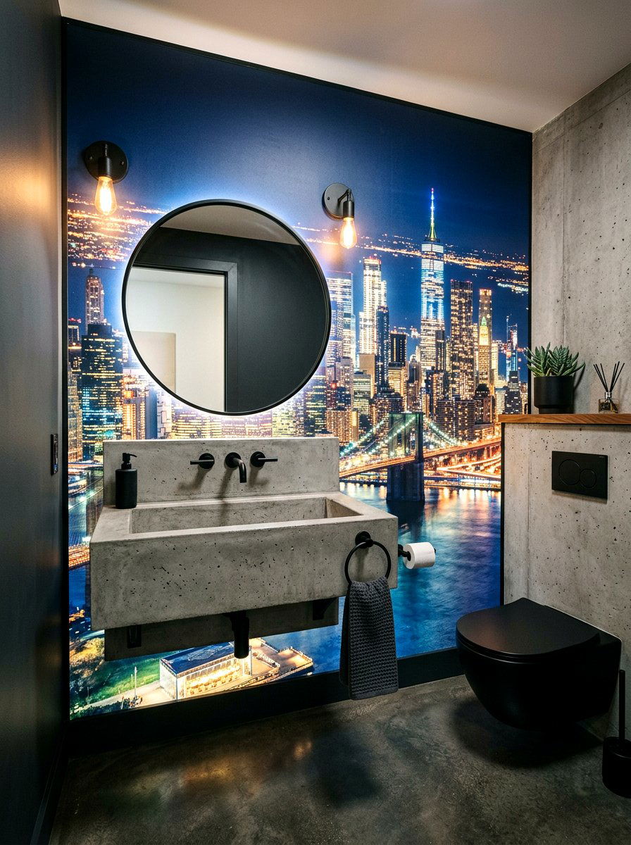 City Skyline Mural Powder Room - 30 murals in powder room ideas
