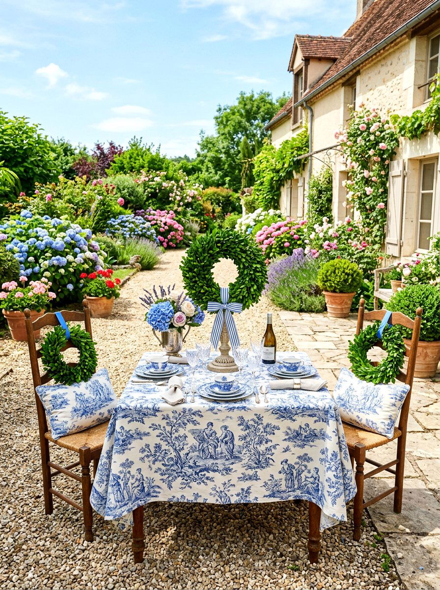 Classic Blue Toile Table - 30 porch skirted table ideas